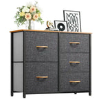Commode 5 tiroirs gris / gris clair / gris foncé avec plateau en bois et cadre en fer