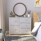 Commode 5 tiroirs gris / gris clair / gris foncé avec plateau en bois et cadre en fer