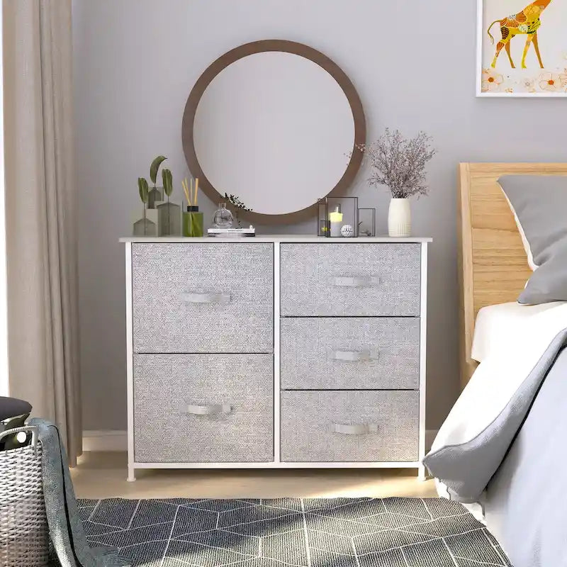 Commode 5 tiroirs gris / gris clair / gris foncé avec plateau en bois et cadre en fer
