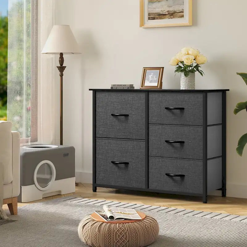 Commode 5 tiroirs gris / gris clair / gris foncé avec plateau en bois et cadre en fer