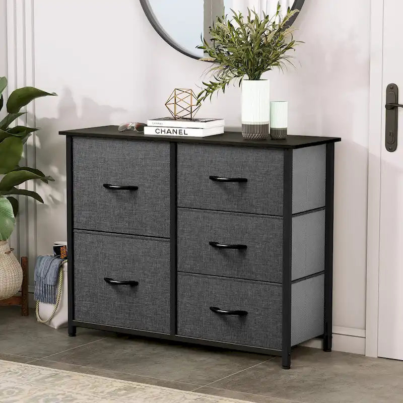 Commode 5 tiroirs gris / gris clair / gris foncé avec plateau en bois et cadre en fer