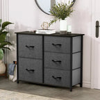 Commode 5 tiroirs gris / gris clair / gris foncé avec plateau en bois et cadre en fer