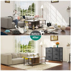 Commode 5 tiroirs gris / gris clair / gris foncé avec plateau en bois et cadre en fer