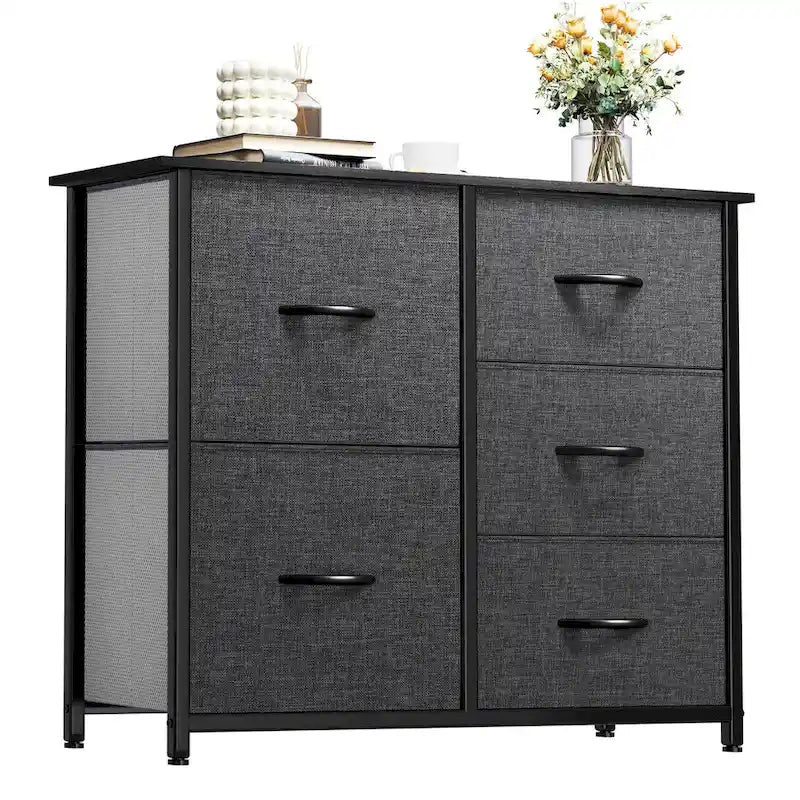 Commode 5 tiroirs gris / gris clair / gris foncé avec plateau en bois et cadre en fer