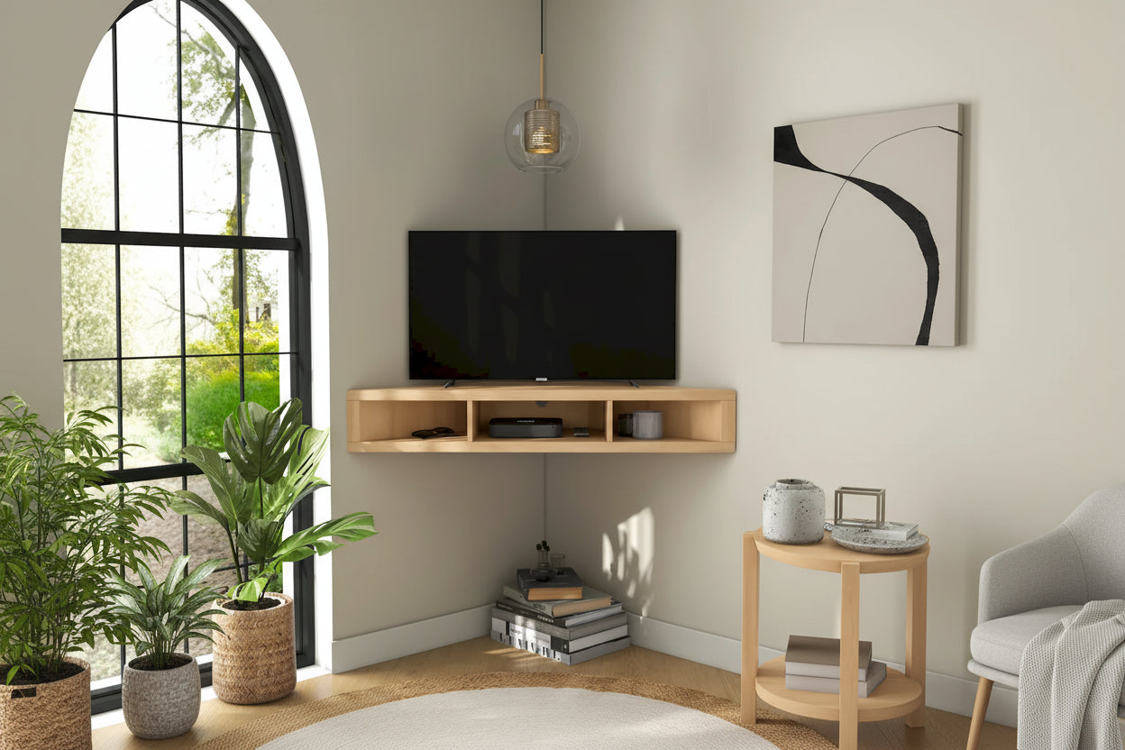 Meuble TV d'angle mural à 3 étagères de 47 pouces, style transitionnel