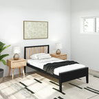 Lit simple scandinave en bois massif noir / noir et blond avec tête de lit à lattes