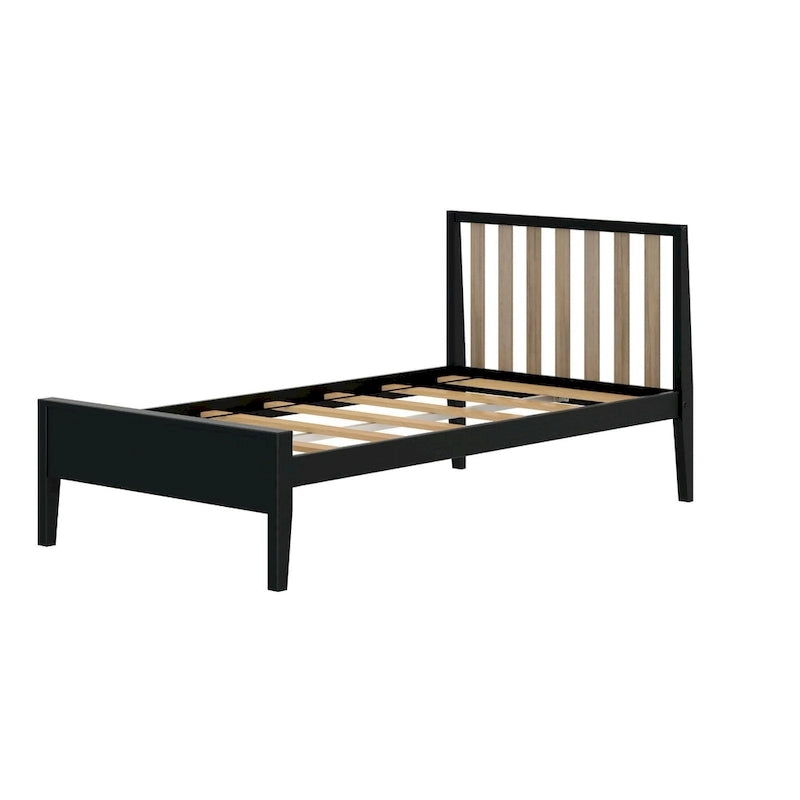 Lit simple scandinave en bois massif noir / noir et blond avec tête de lit à lattes