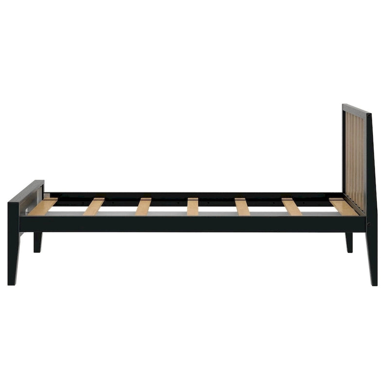 Lit simple scandinave en bois massif noir / noir et blond avec tête de lit à lattes