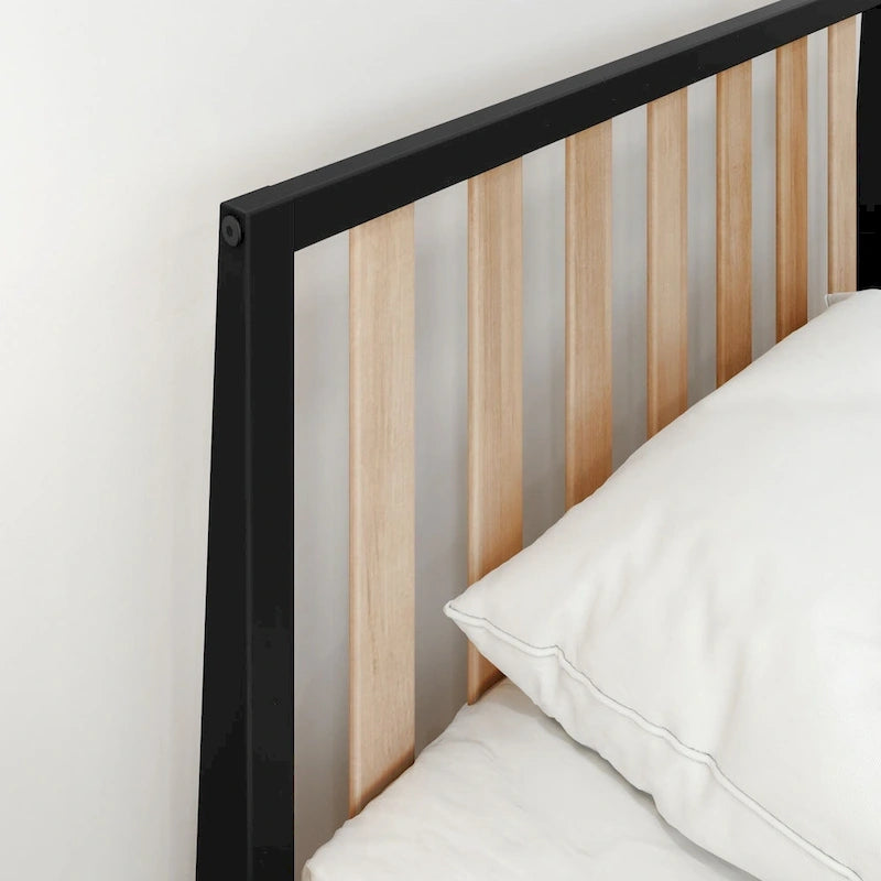 Lit simple scandinave en bois massif noir / noir et blond avec tête de lit à lattes