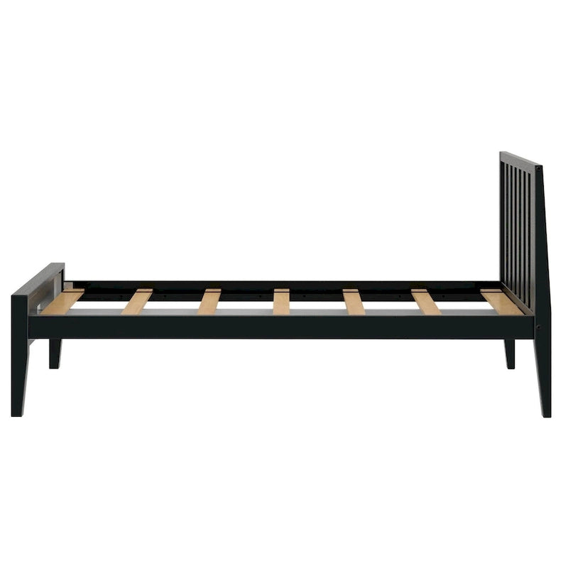 Lit simple scandinave en bois massif noir / noir et blond avec tête de lit à lattes