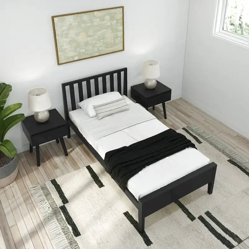 Lit simple scandinave en bois massif noir / noir et blond avec tête de lit à lattes