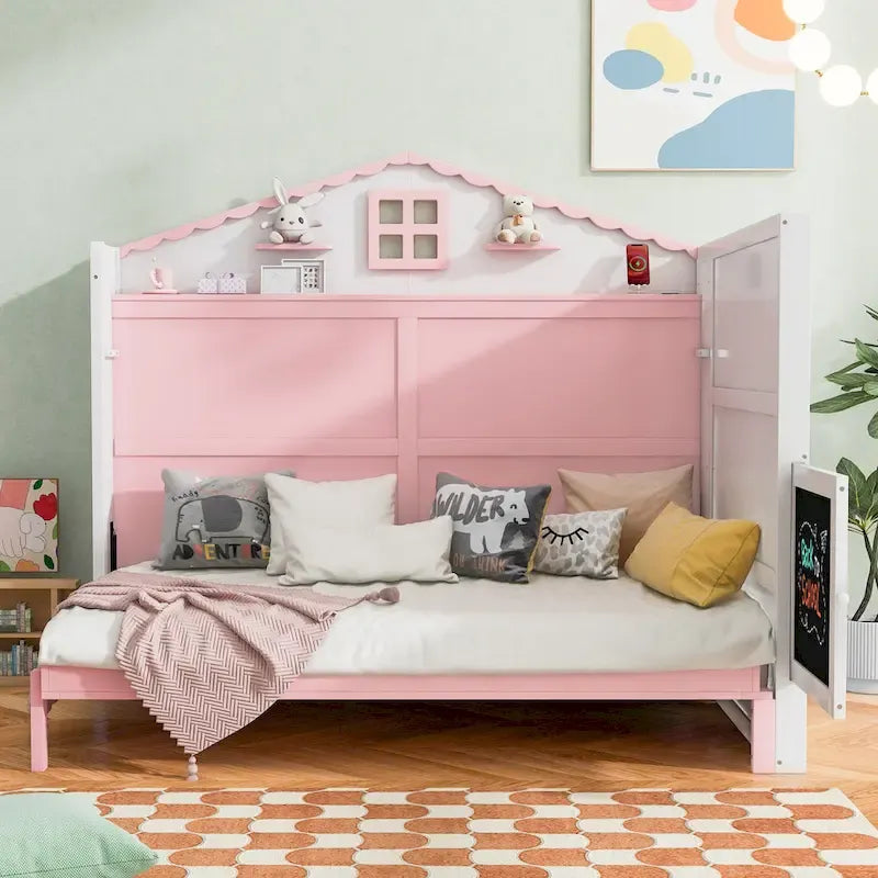 Lit escamotable grand format en forme de maison rose et blanc avec USB, étagères et tableau noir