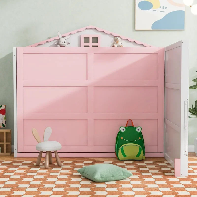 Lit escamotable grand format en forme de maison rose et blanc avec USB, étagères et tableau noir