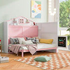 Lit escamotable grand format en forme de maison rose et blanc avec USB, étagères et tableau noir