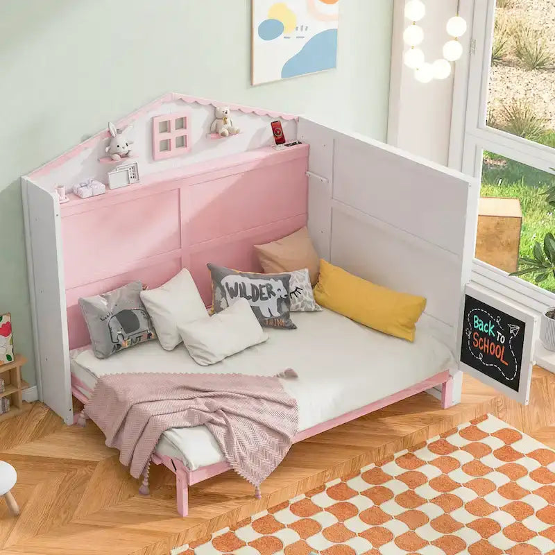 Lit escamotable grand format en forme de maison rose et blanc avec USB, étagères et tableau noir