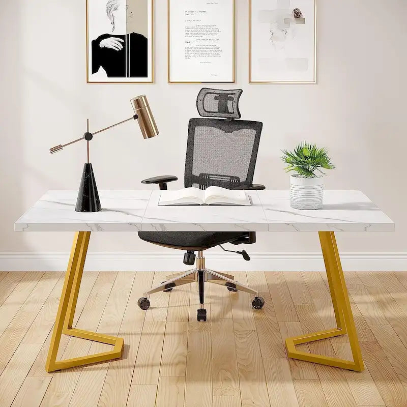 Bureau d'ordinateur 55" blanc et doré / marron avec pieds en métal