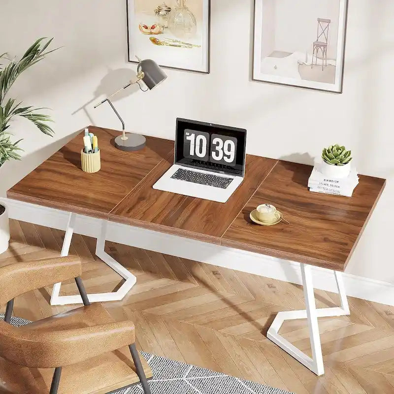 Bureau d'ordinateur 55" blanc et doré / marron avec pieds en métal