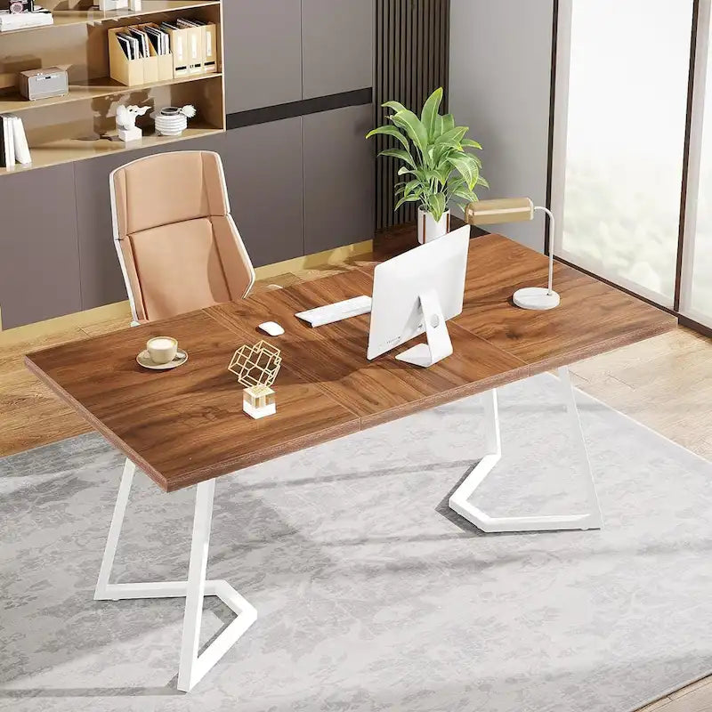 Bureau d'ordinateur 55" blanc et doré / marron avec pieds en métal