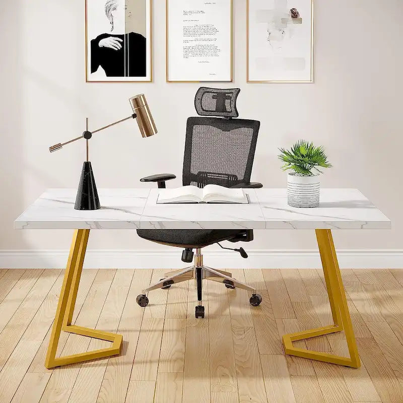 Bureau d'ordinateur 55" blanc et doré / marron avec pieds en métal