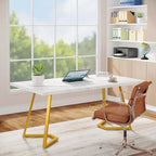 Bureau d'ordinateur 55" blanc et doré / marron avec pieds en métal