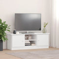Meuble TV en pin massif blanc avec 2 compartiments ouverts et 2 compartiments avec portes