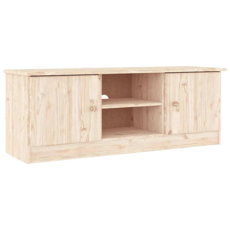 Meuble TV en pin massif blanc avec 2 compartiments ouverts et 2 compartiments avec portes