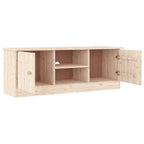 Meuble TV en pin massif blanc avec 2 compartiments ouverts et 2 compartiments avec portes