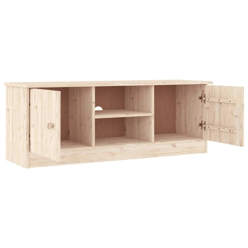 Meuble TV en pin massif blanc avec 2 compartiments ouverts et 2 compartiments avec portes