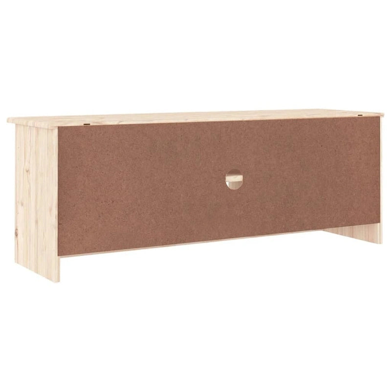 Meuble TV en pin massif blanc avec 2 compartiments ouverts et 2 compartiments avec portes