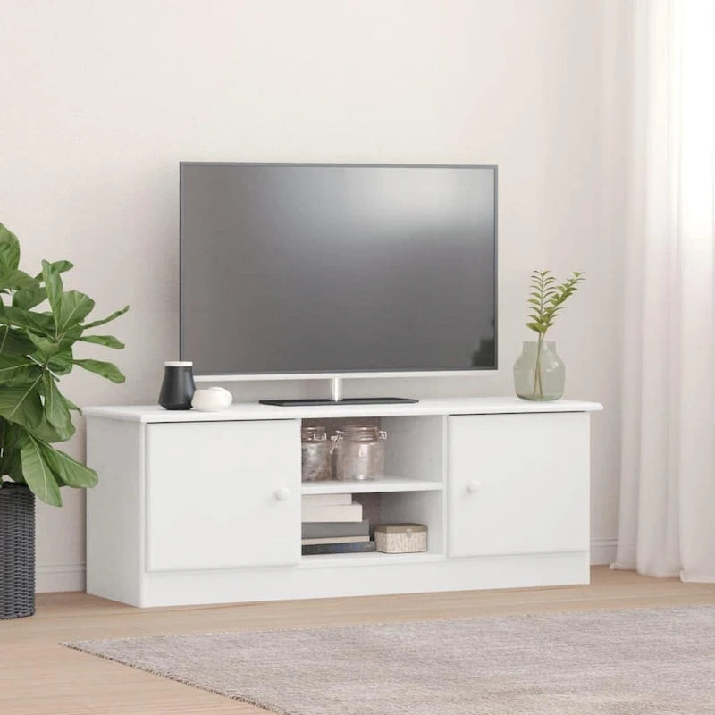 Meuble TV en pin massif blanc avec 2 compartiments ouverts et 2 compartiments avec portes