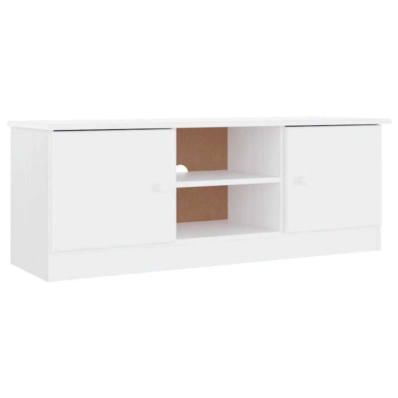 Meuble TV en pin massif blanc avec 2 compartiments ouverts et 2 compartiments avec portes