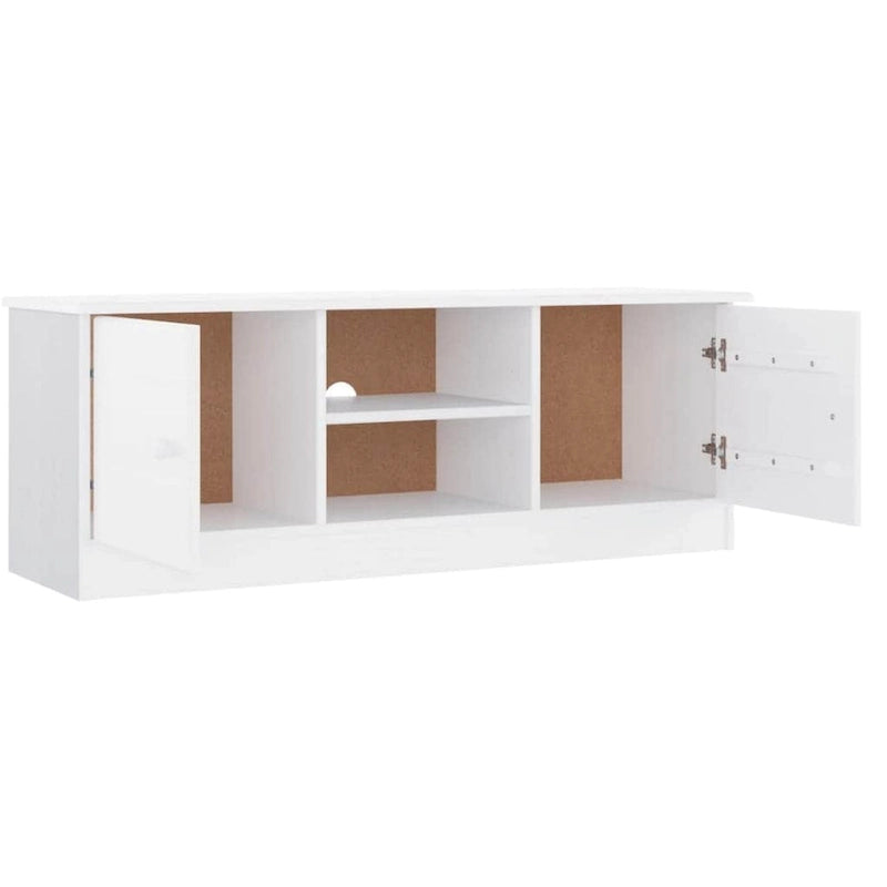 Meuble TV en pin massif blanc avec 2 compartiments ouverts et 2 compartiments avec portes