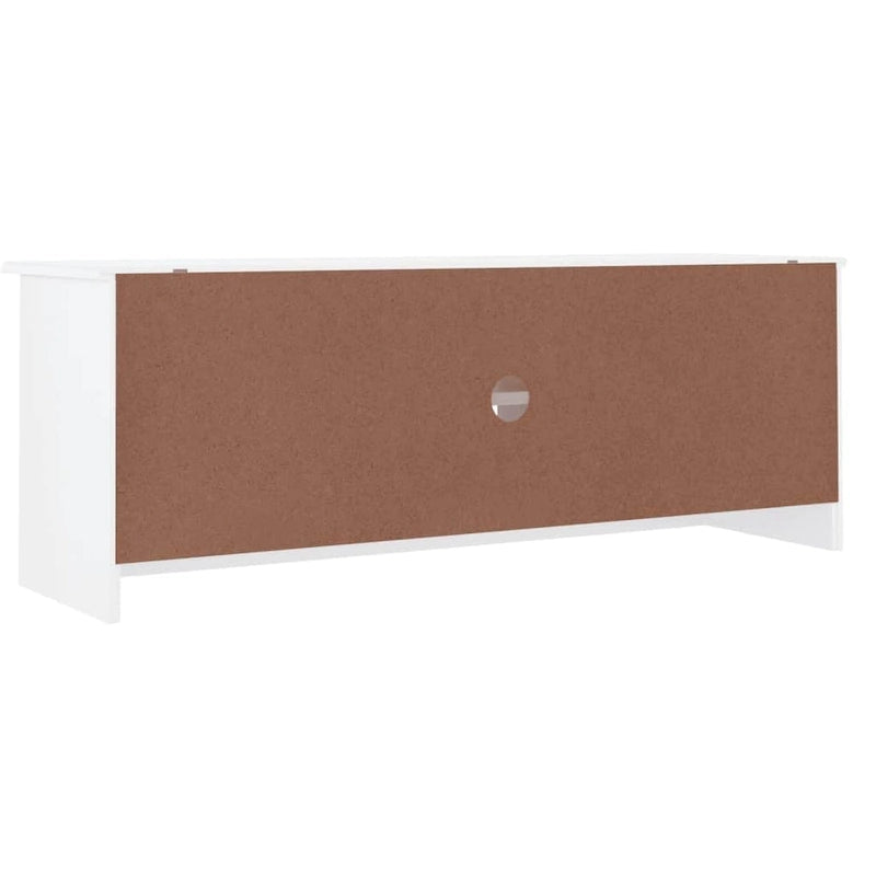Meuble TV en pin massif blanc avec 2 compartiments ouverts et 2 compartiments avec portes