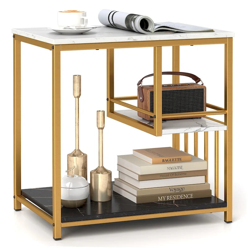 Table d'appoint à 3 niveaux en faux marbre blanc avec cadre en métal doré