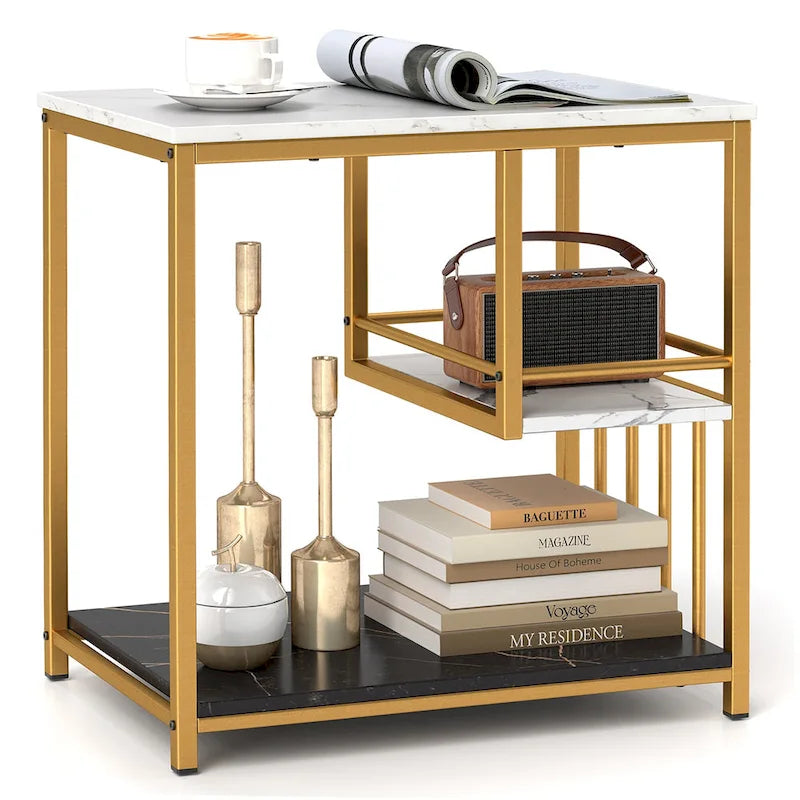  End Table 3-Tier Faux Marble Side Table w/ Storage Shelves