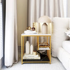 Table d'appoint à 3 niveaux en faux marbre blanc avec cadre en métal doré
