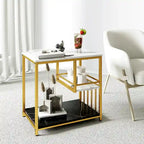Table d'appoint à 3 niveaux en faux marbre blanc avec cadre en métal doré