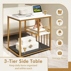 Table d'appoint à 3 niveaux en faux marbre blanc avec cadre en métal doré