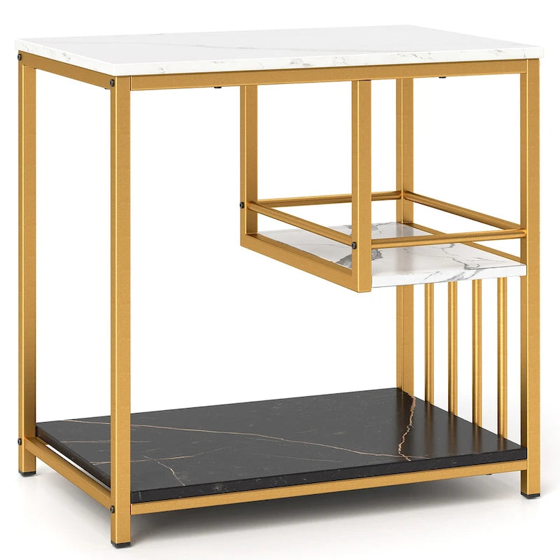 Table d'appoint à 3 niveaux en faux marbre blanc avec cadre en métal doré