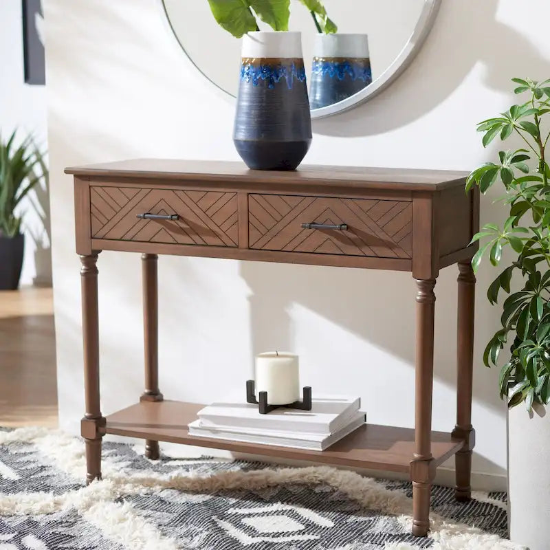 Console 2 tiroirs avec étagère ouverte, finition vieillie blanc / noir / greige / marron