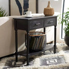 Console 2 tiroirs avec étagère ouverte, finition vieillie blanc / noir / greige / marron