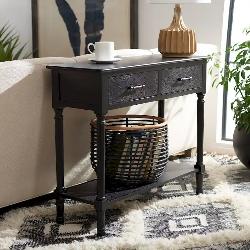 Console 2 tiroirs avec étagère ouverte, finition vieillie blanc / noir / greige / marron