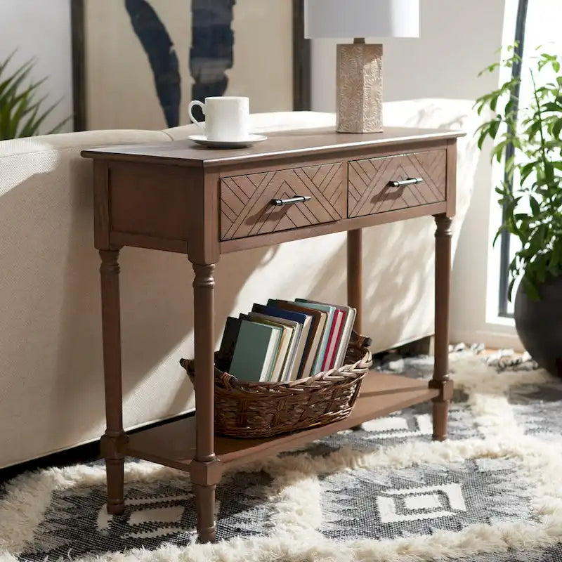 Console 2 tiroirs avec étagère ouverte, finition vieillie blanc / noir / greige / marron