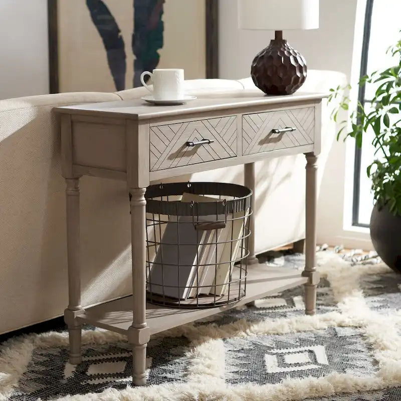 Console 2 tiroirs avec étagère ouverte, finition vieillie blanc / noir / greige / marron
