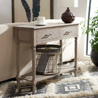Console 2 tiroirs avec étagère ouverte, finition vieillie blanc / noir / greige / marron