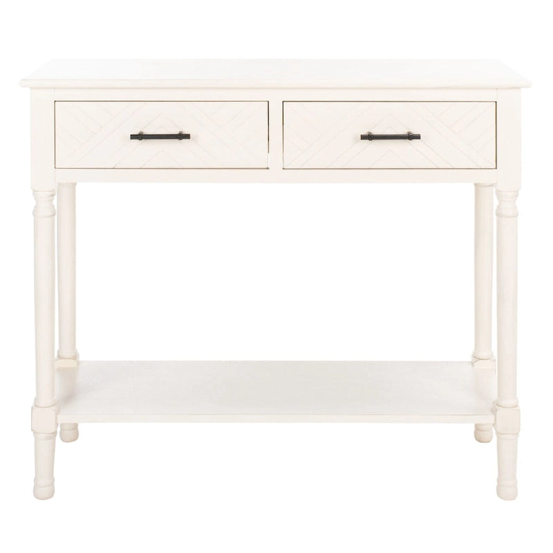 Console 2 tiroirs avec étagère ouverte, finition vieillie blanc / noir / greige / marron