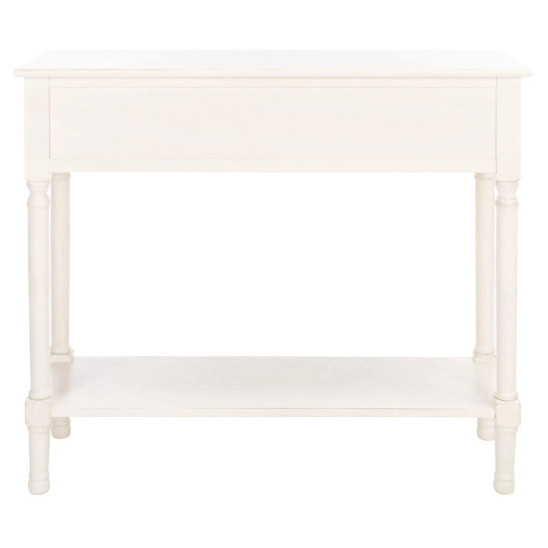 Console 2 tiroirs avec étagère ouverte, finition vieillie blanc / noir / greige / marron