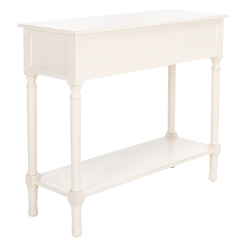 Console 2 tiroirs avec étagère ouverte, finition vieillie blanc / noir / greige / marron