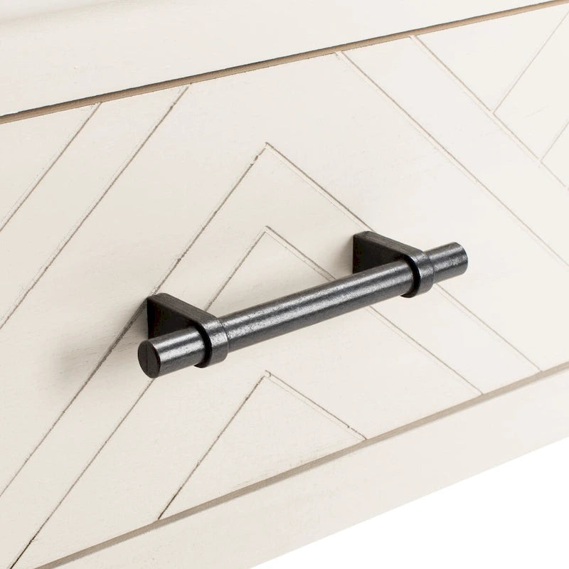 Console 2 tiroirs avec étagère ouverte, finition vieillie blanc / noir / greige / marron