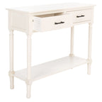 Console 2 tiroirs avec étagère ouverte, finition vieillie blanc / noir / greige / marron